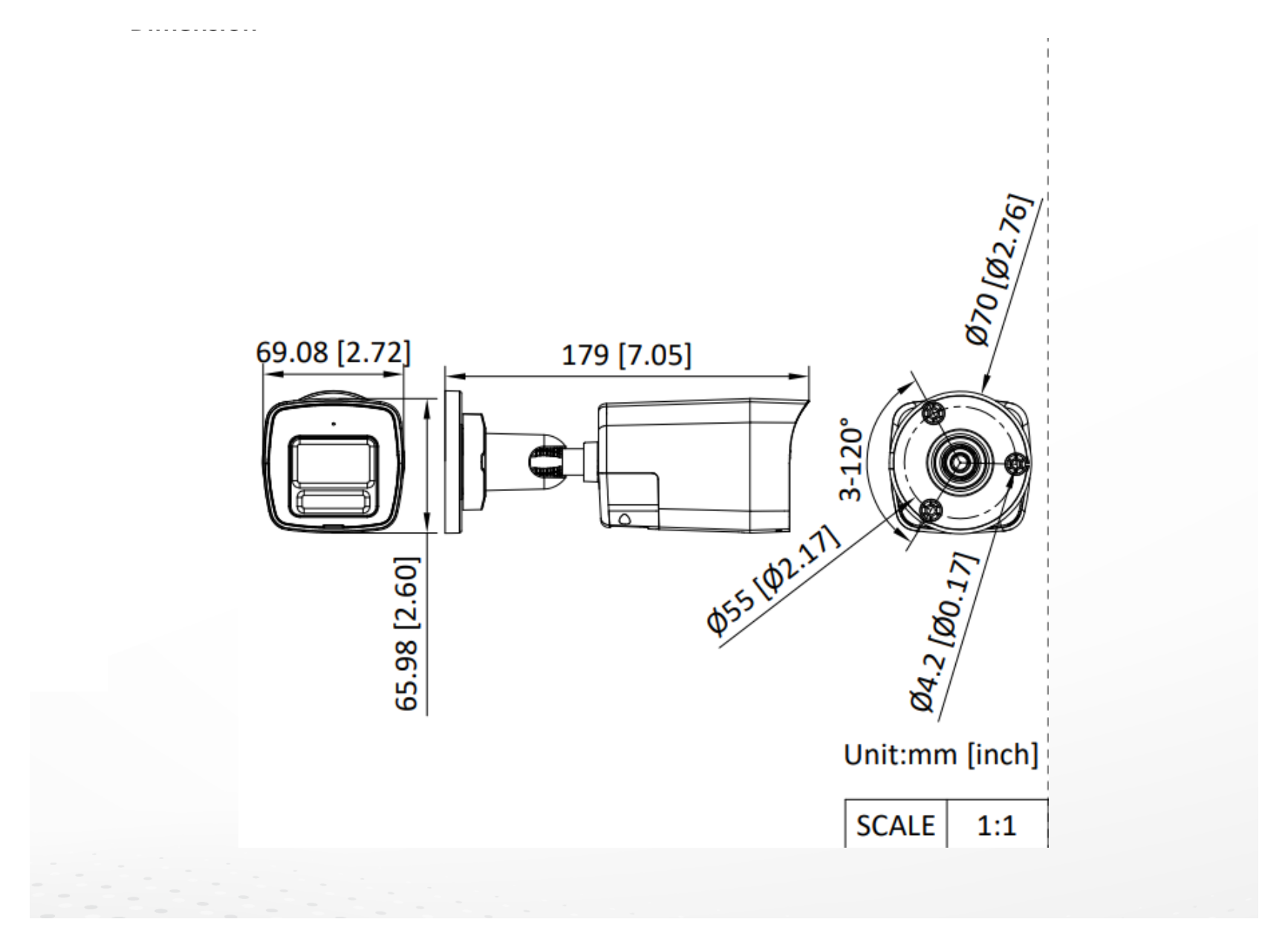 DS-2CE16D0T-LXTS 外形尺寸圖 179 mm × 66 mm × 69.1 mm (7.05" × 2.6" × 2.72")｜重量 Approx. 415 g (0.91 lb.)｜Unit: mm
