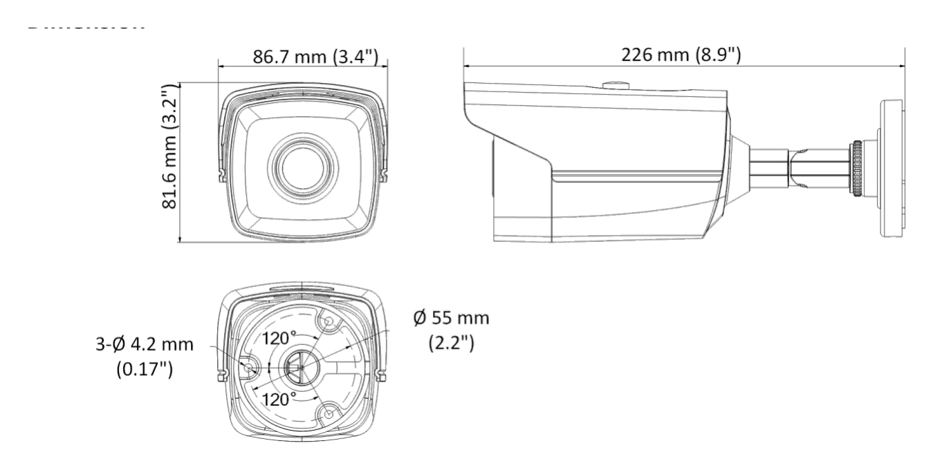 DS-2CE16D8T-IT5E 外形尺寸圖 86.7 mm × 81.6 mm × 226 mm (3.41" × 3.23" × 8.67")｜重量 Approx. 680 g (1.5 lb.)｜Unit: mm