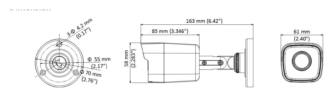 DS-2CE16D8T-ITE 外形尺寸圖 58 mm × 61 mm × 163 mm (2.28" × 2.40" × 6.42")｜重量 Approx. 350 g (0.77 lb.)｜Unit: mm