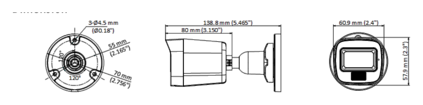 DS-2CE16G0T-LFS 外形尺寸圖 138.8 mm × 60.9 mm × 57.9 mm (5.47" × 2.4 " × 2.3")｜重量 Approx. 265 g (0.59 lb.)｜Unit: mm