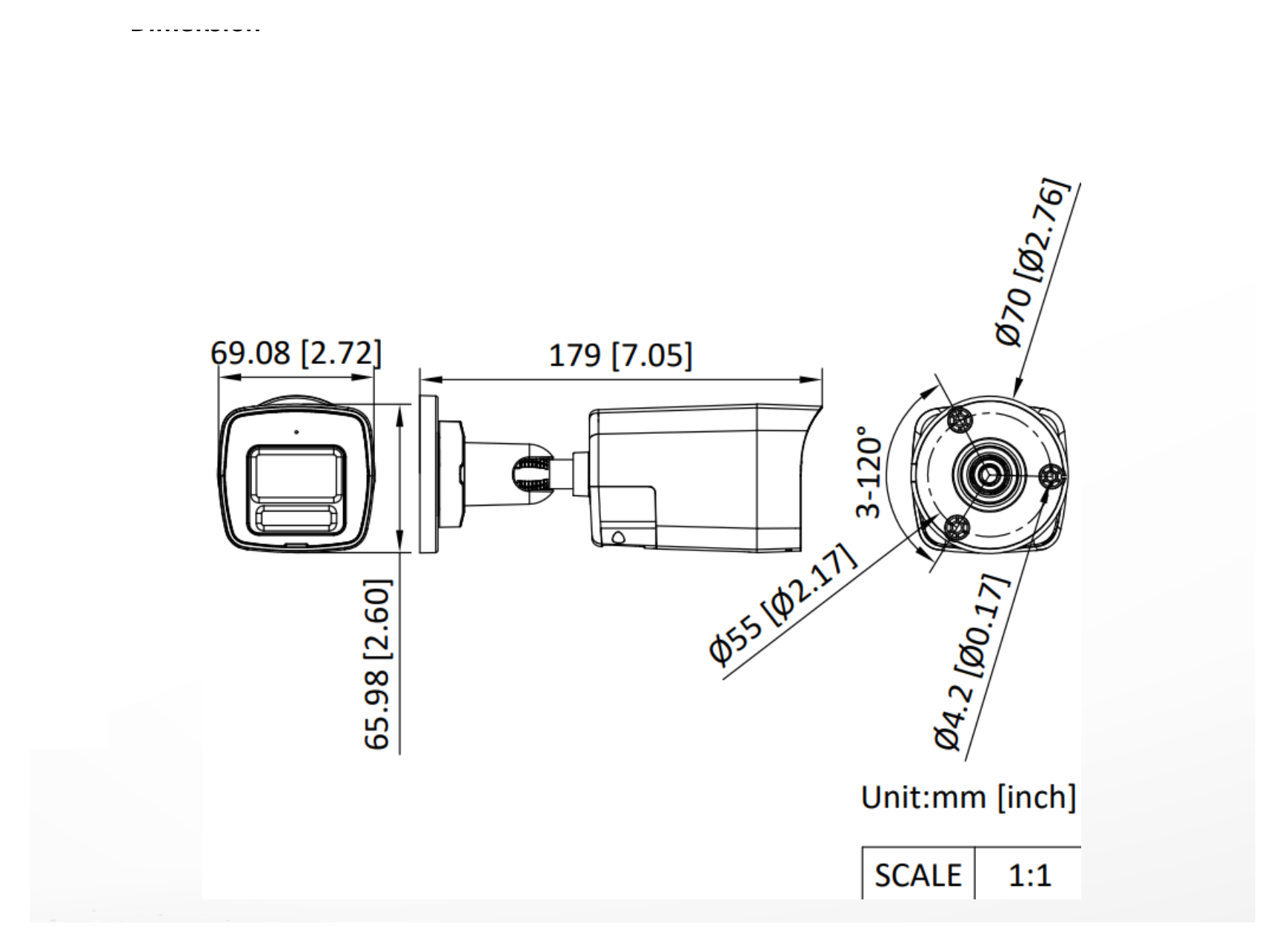 DS-2CE16G0T-LPTS 外形尺寸圖 179 mm × 66 mm × 69.1 mm (7.1" × 2.6" × 2.7")｜重量 Approx. 255 g (0.6 lb.)｜Unit: mm