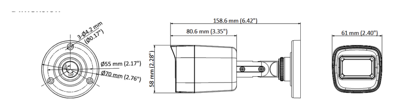 DS-2CE16H0T-ITEC 外形尺寸圖 158.6 mm × Ø 70 mm (6.42" × Ø 2.76")｜重量 Approx. 337 g (0.74 lb.)｜Unit: mm