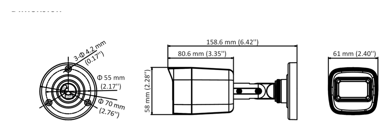 DS-2CE16H0T-ITPFS 外形尺寸圖 58 mm × 61 mm × 158.6 mm (2.28" × 2.40" × 6.42")｜重量 Approx. 160 g (0.35 lb.)｜Unit: mm