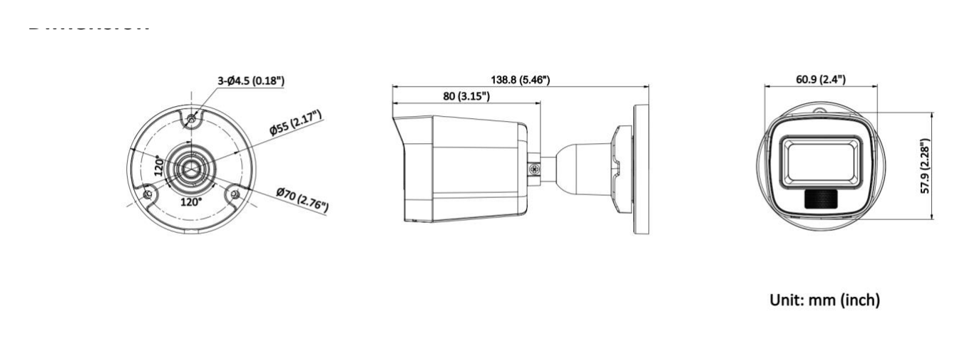 DS-2CE16K0T-EXLPF 外形尺寸圖 Ø 70 mm × 138.8 mm (Ø 2.76" x 5.46")｜重量 Max. 150 g (0.33 lb.)｜Unit: mm