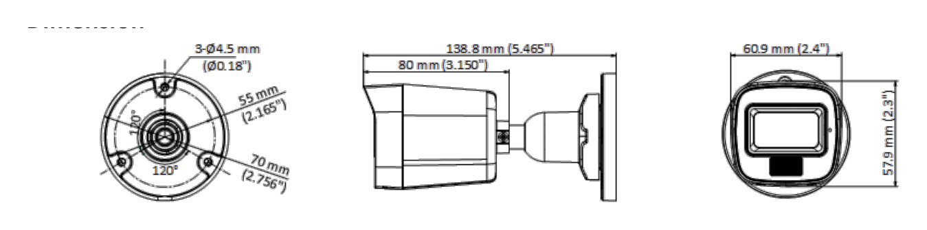 DS-2CE16K0T-LPFS 外形尺寸圖 138.8 mm × Ø 70 mm (5.47" × Ø 2.76")｜重量 Approx. 160 g (0.35 lb.)｜Unit: mm