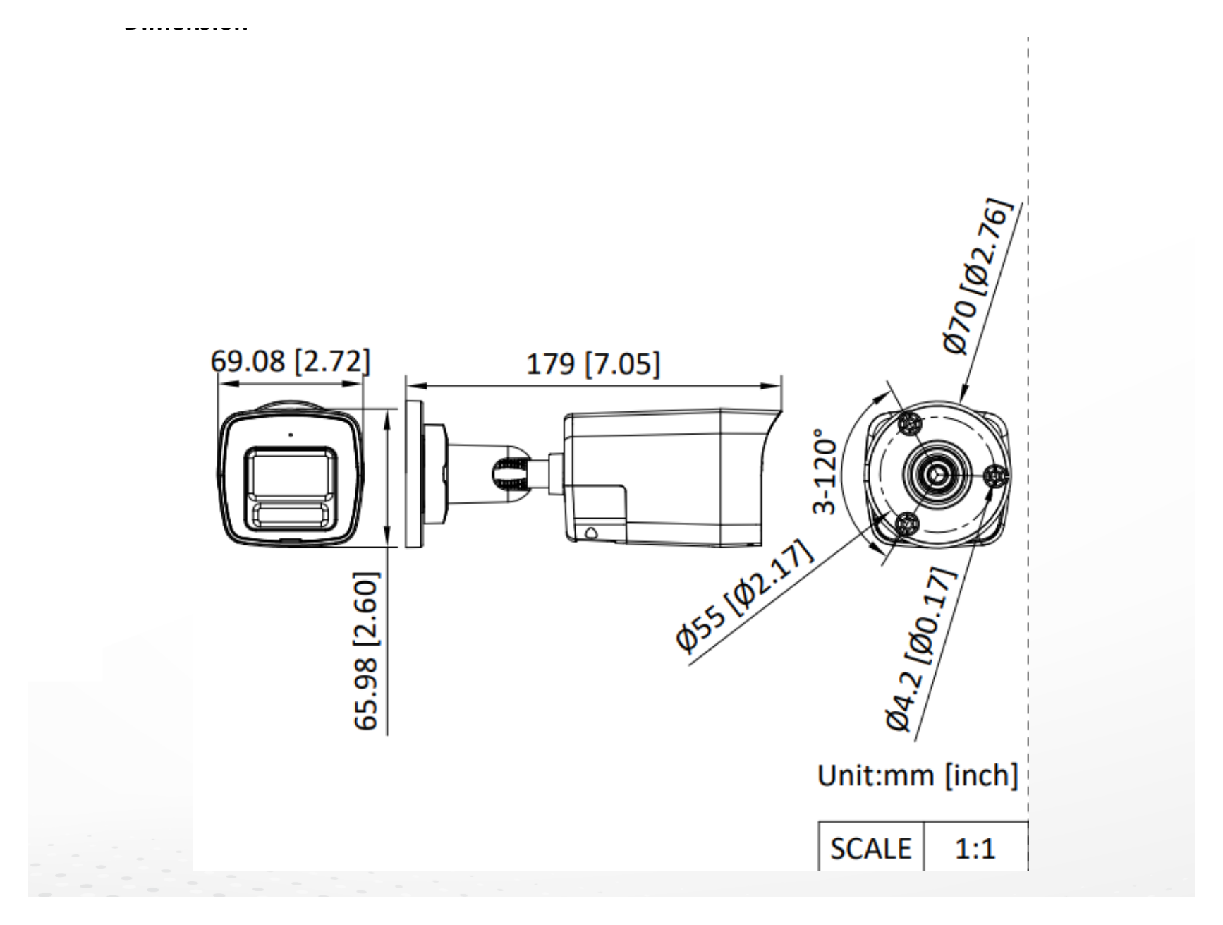 DS-2CE16K0T-LXTS 外形尺寸圖 179 mm × 66 mm × 69.1 mm (7.05" × 2.6" × 2.72")｜重量 Approx. 435 g (0.96 lb.)｜Unit: mm