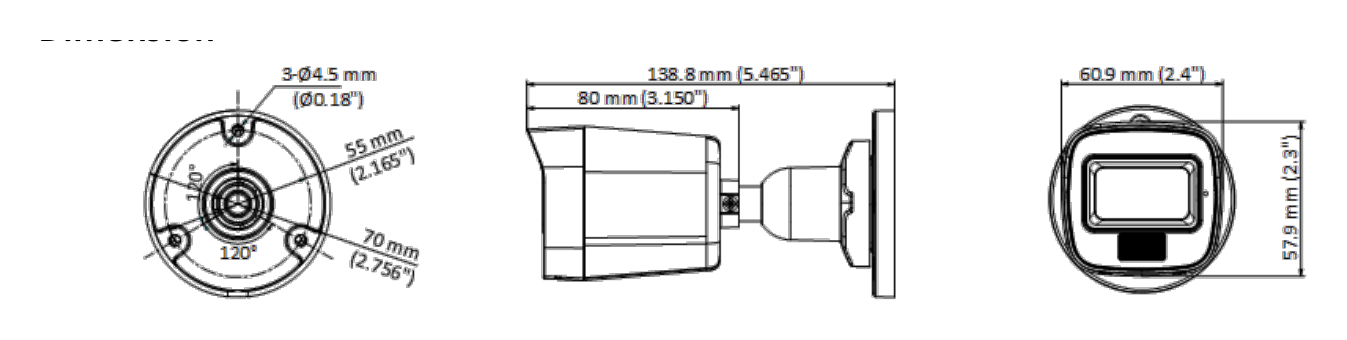 DS-2CE16U0T-LF 外形尺寸圖 138.8 mm × Ø 70 mm (5.46" × Ø 2.76")｜重量 Approx. 265 g (0.59 lb.)｜Unit: mm
