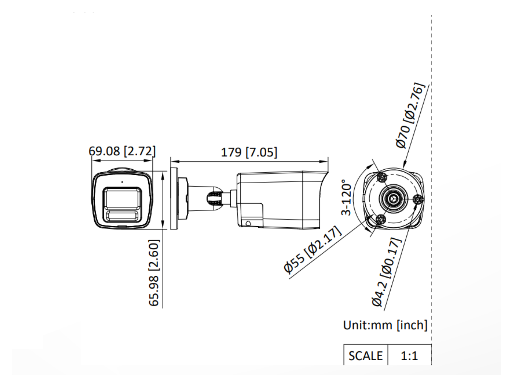 DS-2CE16U0T-LTS 外形尺寸圖 179 mm × 66 mm × 69.1 mm (7.05" × 2.6" × 2.72")｜重量 Approx. 430 g (0.54 lb.)｜Unit: mm