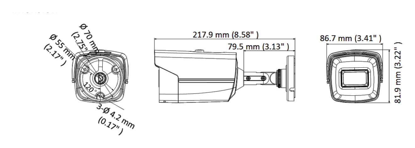 DS-2CE16U1T-IT1F 外形尺寸圖 81.9 mm × 86.7 mm × 217.9 mm (3.22" × 3.41" × 8.58" )｜重量 Approx.435 g (0.96 lb.)｜Unit: mm