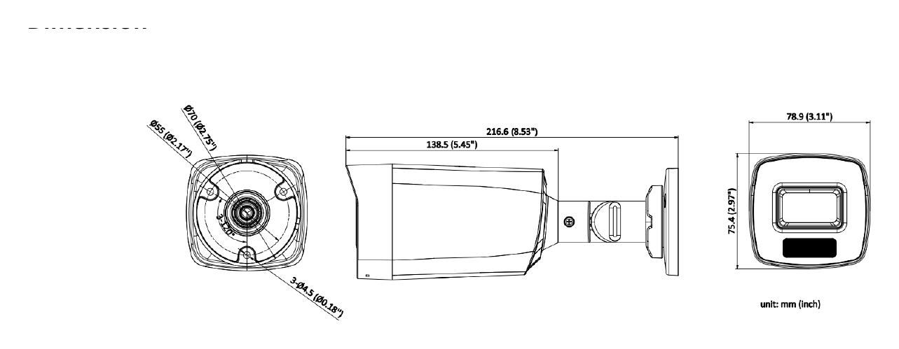 DS-2CE17D0T-EXLF 外形尺寸圖 78.9 mm × 75.4 mm × 216.6 mm（3.11" × 2.97" × 8.53")｜重量 Max. 340 g (0.75 lb.)｜Unit: mm