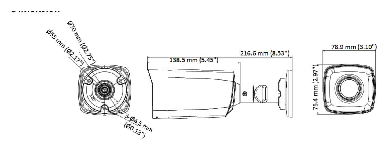 DS-2CE17D0T-IT1C 外形尺寸圖 78.9 mm × 75.4 mm × 216.6 mm (3.10" × 2.97" × 8.53")｜重量 Approx. 315 g (0.69 lb.)｜Unit: mm