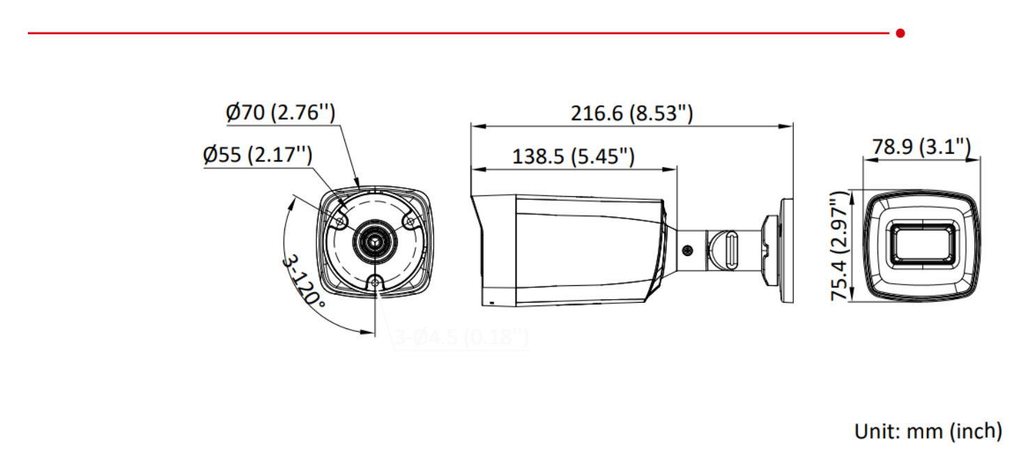 DS-2CE17D0T-IT3EC 外形尺寸圖 216.6 mm × 78.9 mm × 75.4 mm (8.53" × 3.1" × 2.97")｜重量 Approx. 380 g (0.84 lb.)｜Unit: mm