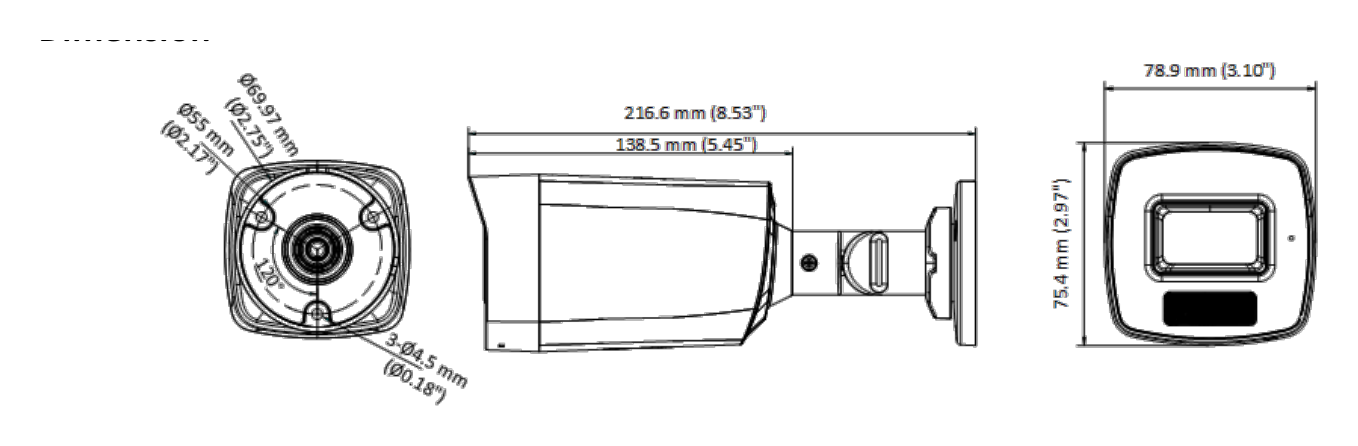 DS-2CE17D0T-LFS 外形尺寸圖 216.6 mm × 78.9 mm × 75.4 mm (8.53" × 3.10" × 2.97")｜重量 Approx. 339 g (0.75 lb.)｜Unit: mm