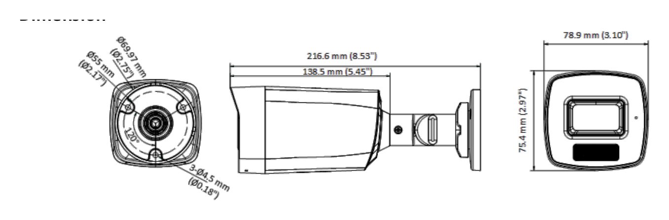 DS-2CE17G0T-LFS 外形尺寸圖 216.6 mm × 78.9 mm × 75.4 mm (8.53" × 3.10" × 2.97")｜重量 Approx. 340 g (0.75 lb.)｜Unit: mm