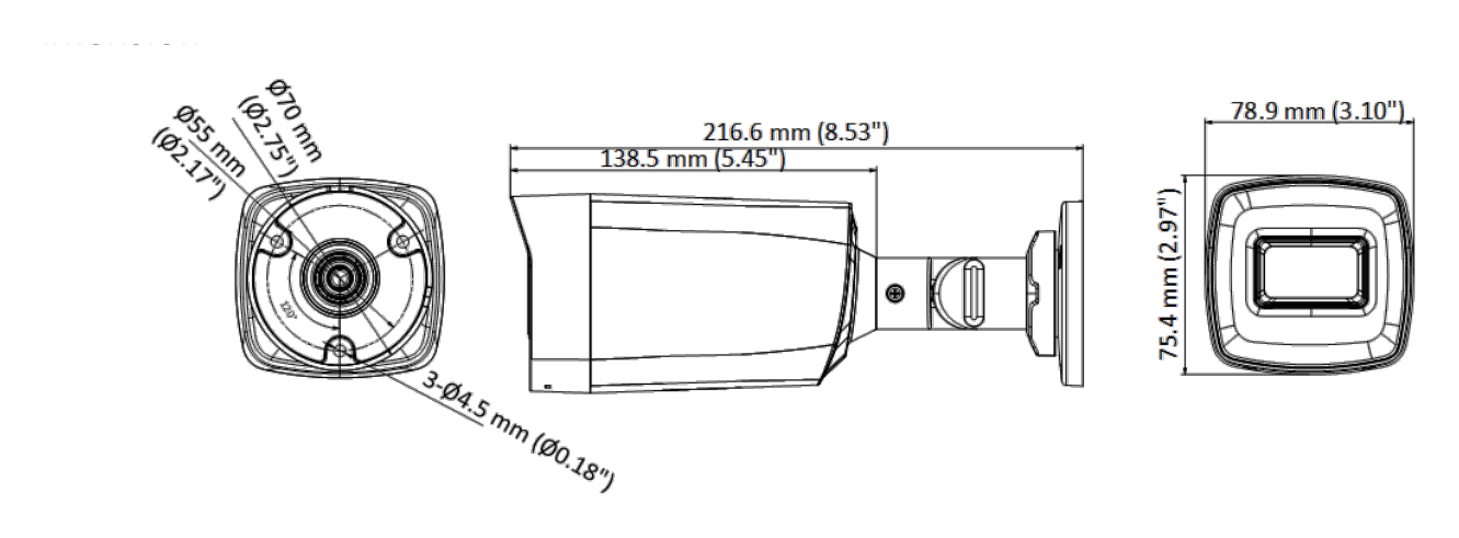 DS-2CE17H0T-IT3EC 外形尺寸圖 216.6 mm × 78.9 mm × 75.4 mm (8.53" × 3.10" × 2.97")｜重量 Approx. 380 g (0.84 lb.)｜Unit: mm