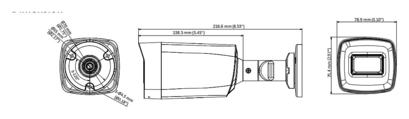 DS-2CE17H0T-IT3FC 外形尺寸圖 78.9 mm × 75.4 mm × 216.6 mm (3.10" × 2.97" × 8.53")｜重量 Approx. 330 g (0.73 lb.)｜Unit: mm