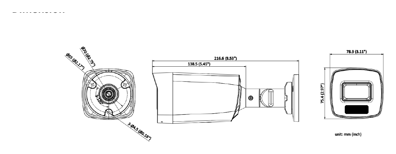DS-2CE17K0T-EXLF 外形尺寸圖 78.9 mm × 75.4 mm × 216.6 mm（3.11" × 2.97" × 8.53")｜重量 Max. 340 g (0.75 lb.)｜Unit: mm