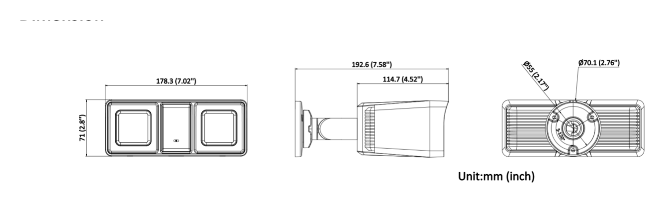 DS-2CE18K0T-LFS 外形尺寸圖 192.6 mm × 178.3 mm × 71 mm (7.58" × 7.02" × 2.8")｜重量 Approx. 740 g (1.63 lb.)｜Unit: mm