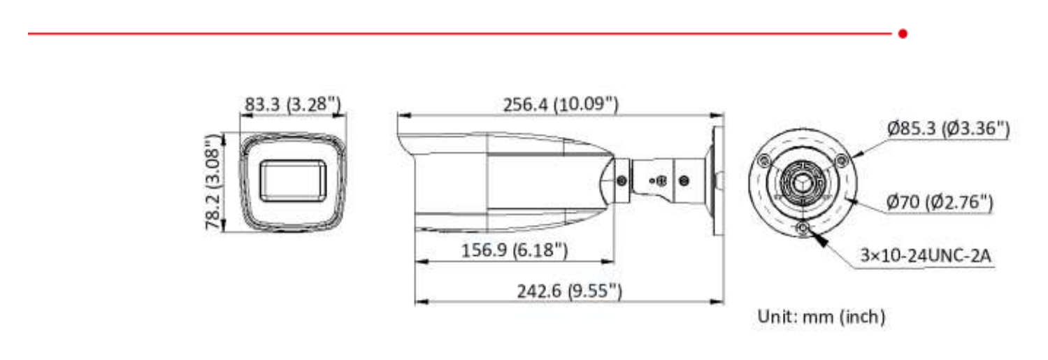 DS-2CE19D0T-VFIT3EC 外形尺寸圖 78.2 mm × 83.3 mm × 256.4 mm (3.08" × 3.28" × 10.09")｜重量 Approx. 575 g (1.27 lb.)｜Unit: mm