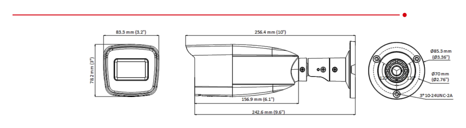 DS-2CE19D0T-VFIT3FC 外形尺寸圖 83.3 mm × 78.2 mm × 256.4 mm (3.2" × 3" × 10")｜重量 Approx. 580 g (1.28 lb.)｜Unit: mm