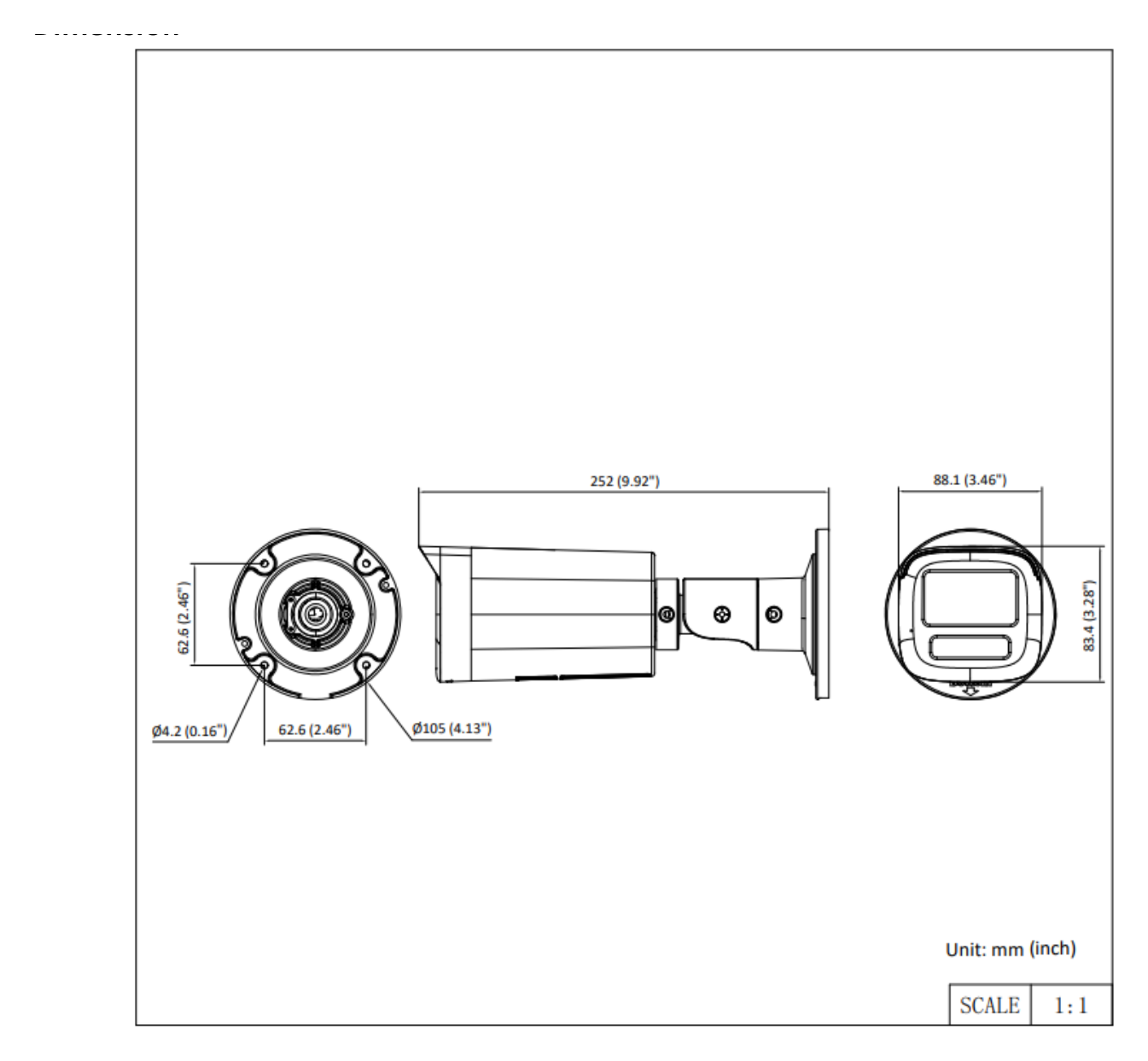 DS-2CE19DF3T-LSZE 外形尺寸圖 Ø 105 mm ×252 mm (Ø 4.13" × 9.92")｜重量 Approx. 920 g (2.03 lb.)｜Unit: mm