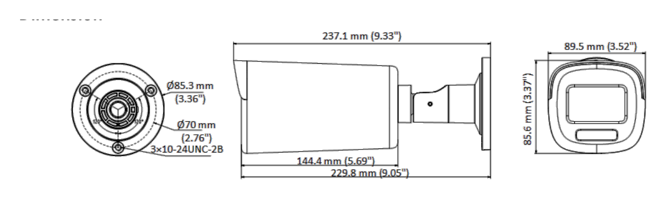 DS-2CE19DF8T-AZE 外形尺寸圖 89.5 mm × 85.6 mm × 237.1 mm (3.52" × 3.37" × 9.33")｜重量 Approx. 1020 g (2.25 lb.)｜Unit: mm