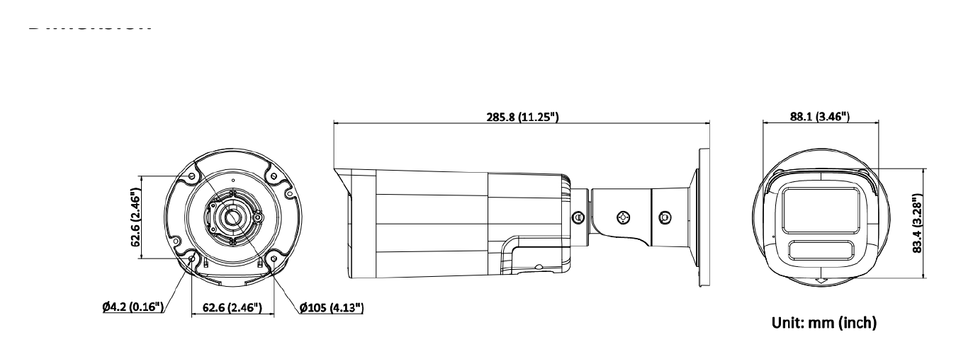 DS-2CE19GF0T-LXTS 外形尺寸圖 285.8 mm × 88.1 mm × 83.4 mm (11.3" × 3.5" × 3.3")｜重量 Approx. 650 g (1.4 lb.)｜Unit: mm
