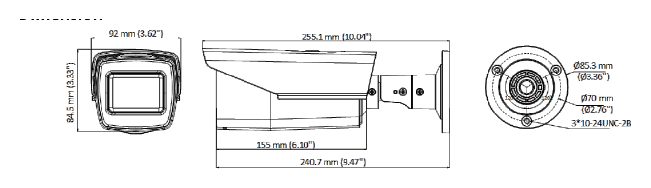 DS-2CE19H0T-AIT3ZFC 外形尺寸圖 84.5 mm × 92 mm × 255.1 mm (3.33" × 3.62" × 10.04")｜重量 Approx. 682 g (1.50 lb.)｜Unit: mm