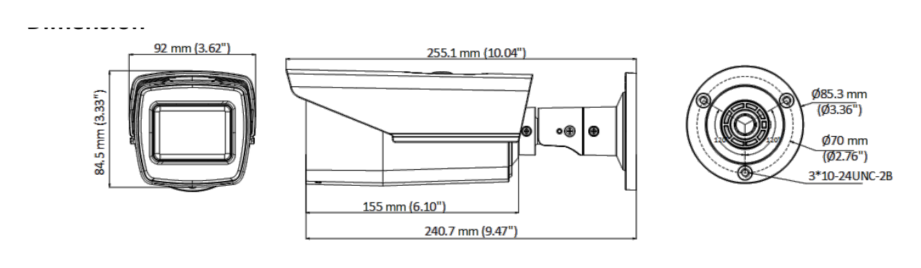 DS-2CE19H0T-IT3ZEC 外形尺寸圖 84.5 mm × 92 mm × 255.1 mm (3.33" × 3.62" × 10.04")｜重量 Approx. 677 g (1.49 lb.)｜Unit: mm