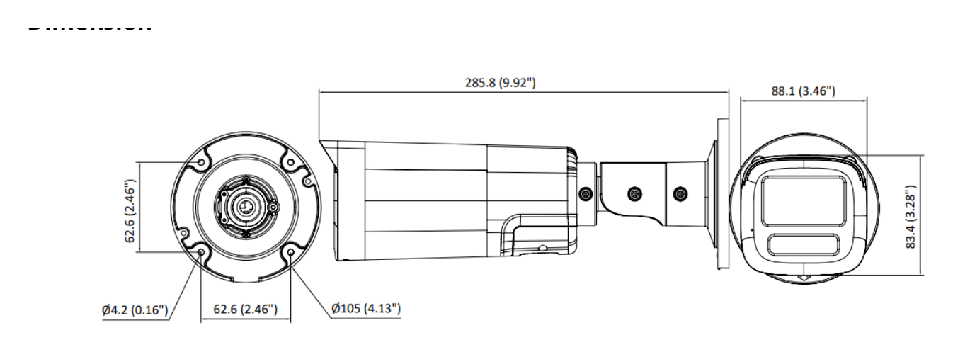 DS-2CE19K0T-LXTSZ 外形尺寸圖 Ø 105 × 285.8 mm (Ø 4.13'' × 9.92'')｜重量 Approx. 735 g (1.62 lb.)｜Unit: mm