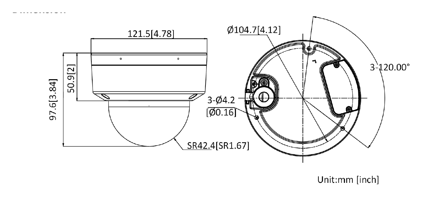 DS-2CE50DF3T-VPLSE 外形尺寸圖 Ø 121.5 mm × 97.6 mm (Ø 4.78" × 3.84")｜重量 Approx. 560 g (1.23 lb.)｜Unit: mm