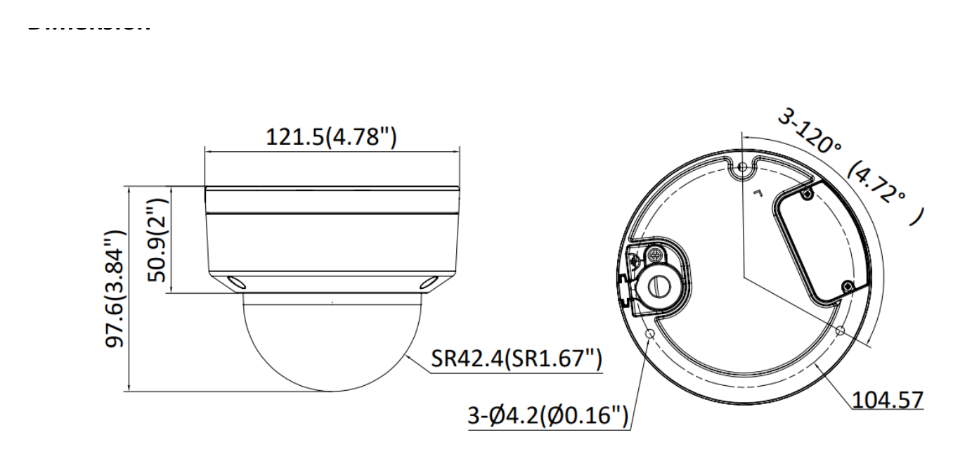 DS-2CE50K0T-VPLTSZ 外形尺寸圖 Ø 121.5 × 97.6 mm (Ø 4.78'' × 3.84'')｜重量 Approx. 579 g (1.28 lb.)｜Unit: mm