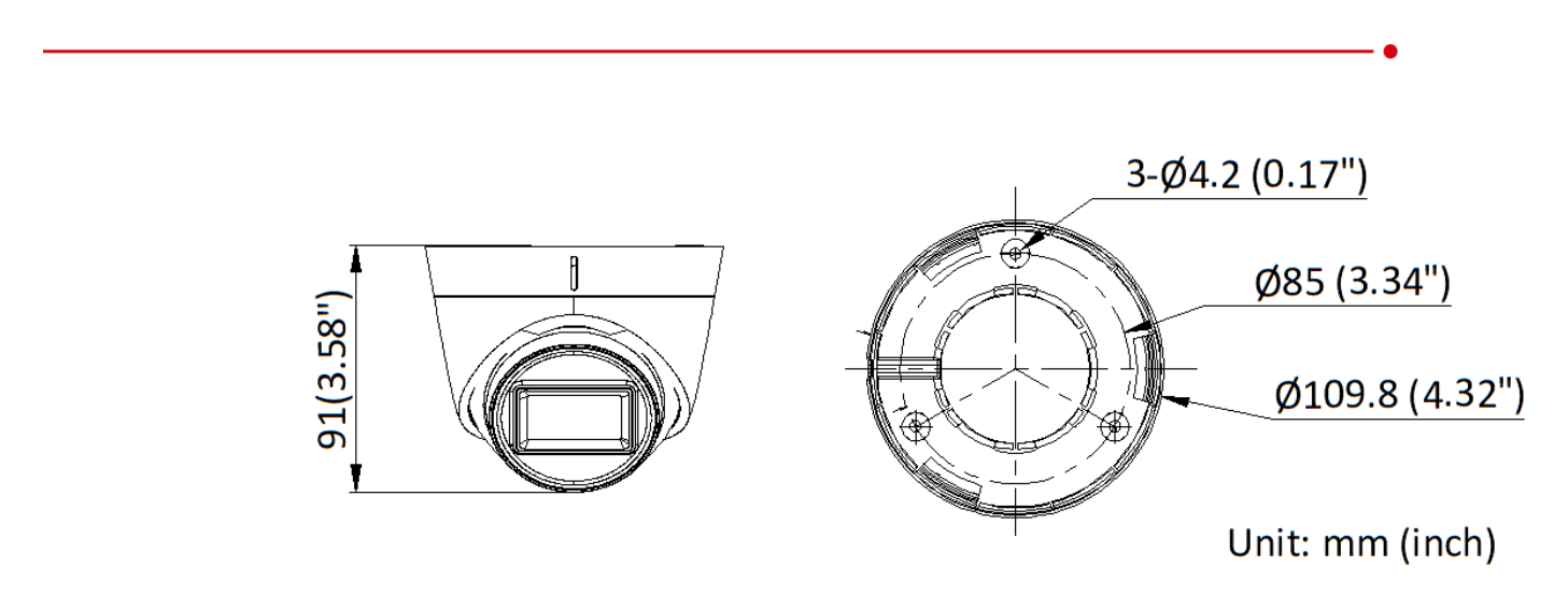 DS-2CE56D0T-IT3EC 外形尺寸圖 Ø 109.8 mm × 91 mm (Ø 4.32" × 3.58")｜重量 Approx. 310 g (0.68 lb.)｜Unit: mm