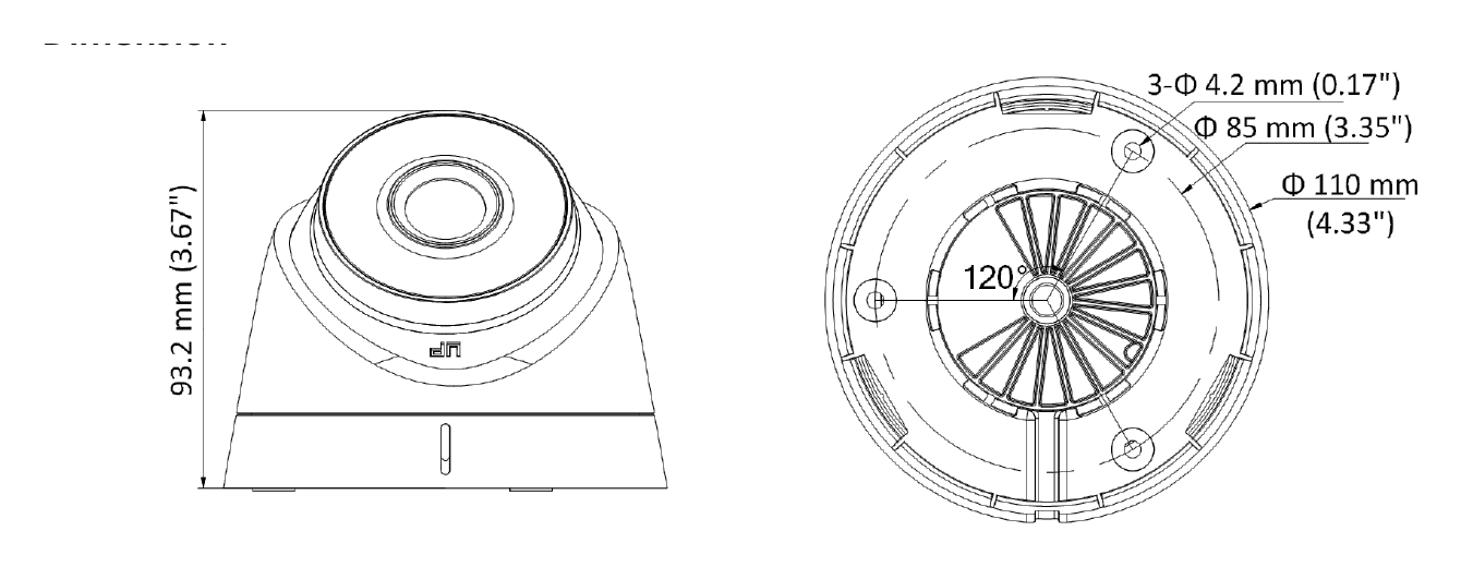DS-2CE56D8T-IT1E 外形尺寸圖 Φ 110 mm × 93.2 mm (Φ 4.33" × 3.67")｜重量 Approx. 350 g (0.77 lb.)｜Unit: mm