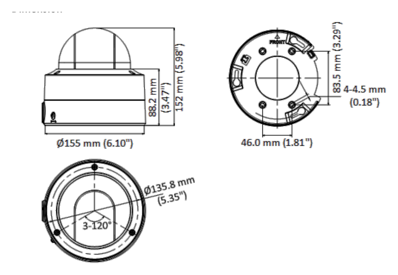 DS-2CE59DF8T-AVPZE 外形尺寸圖 Ø 155 mm × 152 mm (Ø 6.10" × 5.98")｜重量 Approx. 1525 g (3.36 lb.)｜Unit: mm