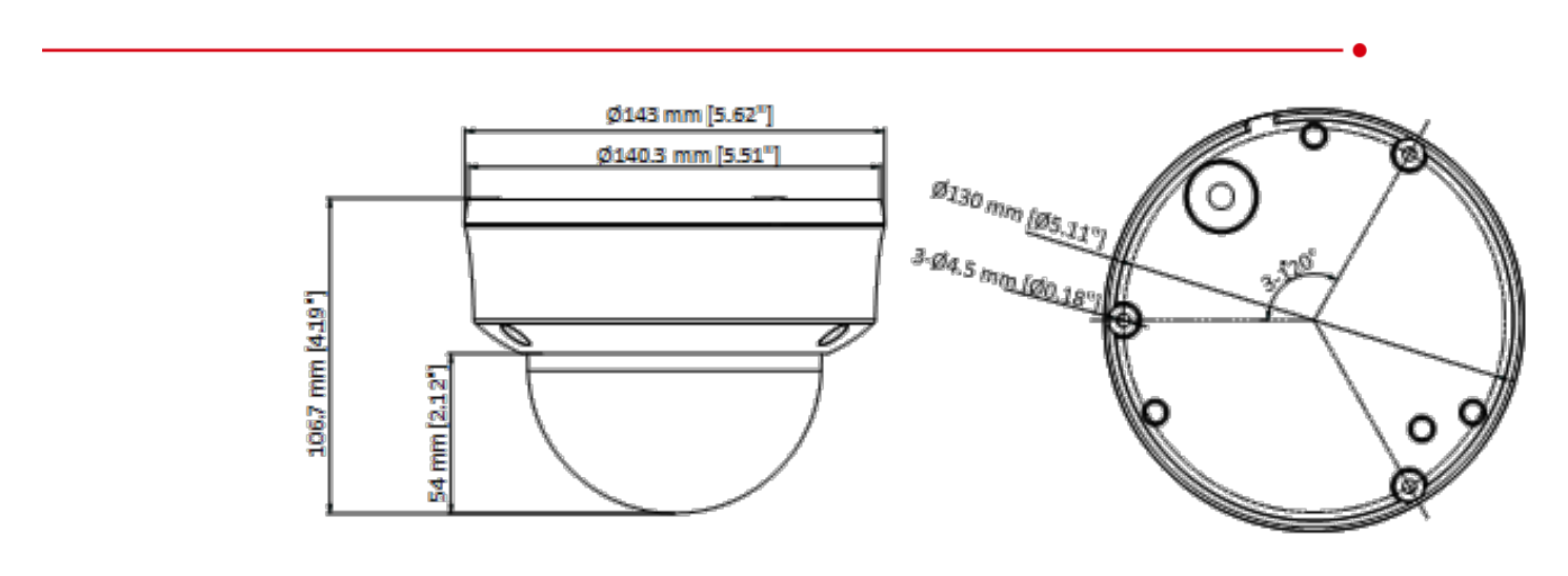 DS-2CE5AD0T-VPIT3FC 外形尺寸圖 Ø 143 mm × 106.7 mm ( Ø 5.62" × 4.19")｜重量 Approx. 630 g (1.39 lb.)｜Unit: mm