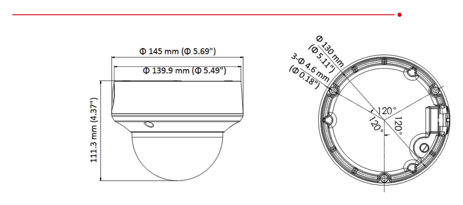 DS-2CE5AD8T-VPIT3ZE 外形尺寸圖 Φ 145 mm × 111.3 mm (Φ 5.69" × 4.37")｜重量 Approx. 890 g (1.96 lb.)｜Unit: mm