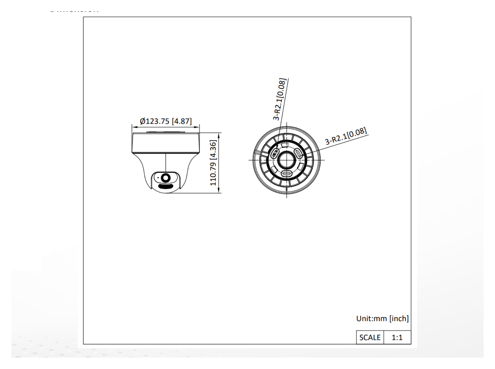 DS-2CE70D0T-PTLTS 外形尺寸圖 Ø 123.7 mm × 110.8 mm (4.87" × 4.36")｜重量 Approx. 340 g (0.75 lb.)｜Unit: mm