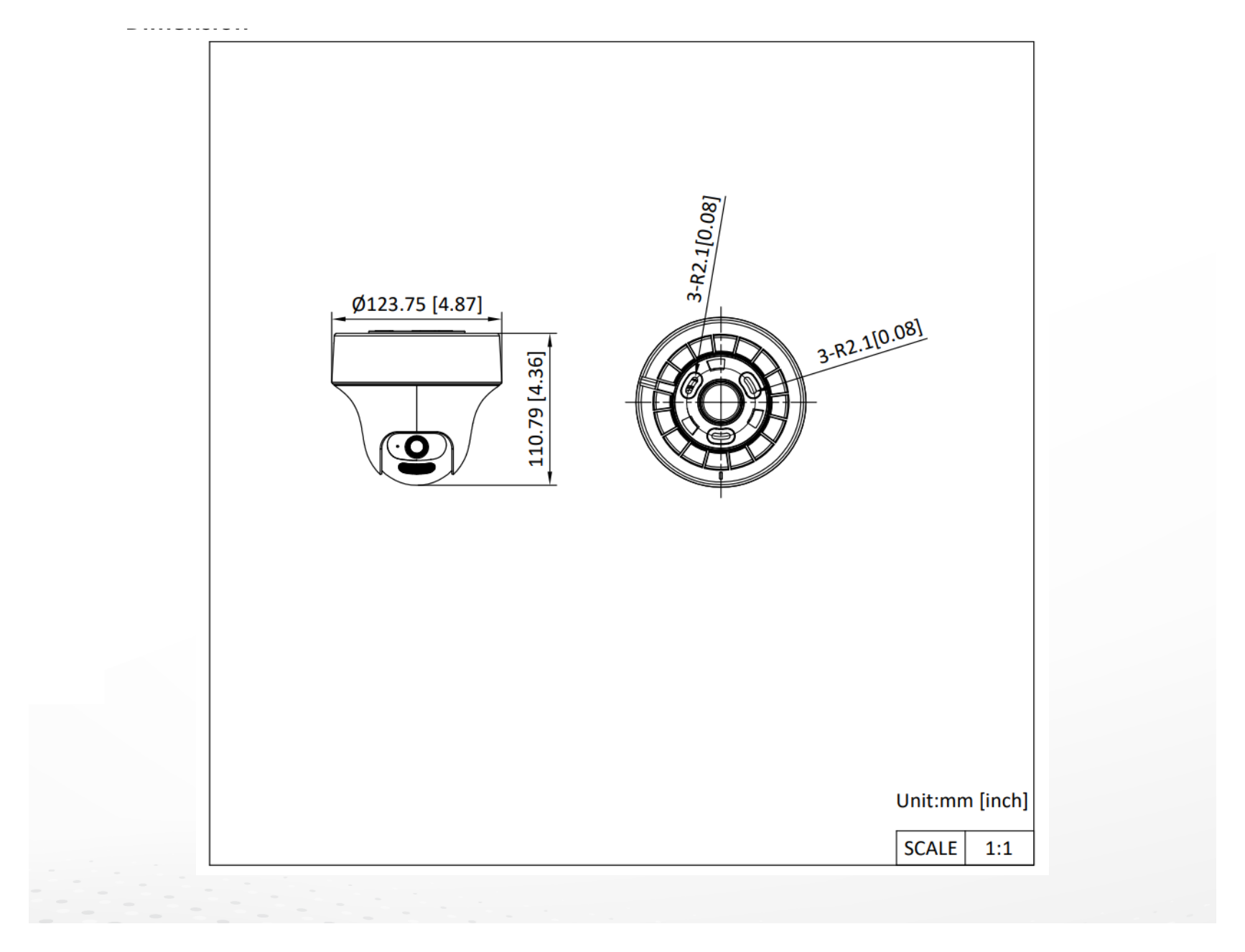 DS-2CE70D0T-PTLXTS 外形尺寸圖 Ø 123.7 mm × 110.8 mm (4.87" × 4.36")｜重量 Approx. 345 g (0.76 lb.)｜Unit: mm
