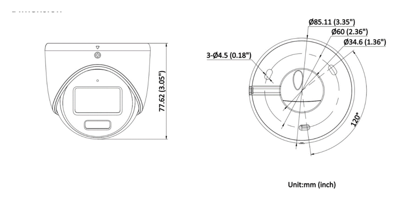 DS-2CE70DF0T-LMFS 外形尺寸圖 Ø 85.11 mm × 77.62 mm (Ø 3.35" × 3.05")｜重量 Approx. 320 g (0.71 lb.)｜Unit: mm