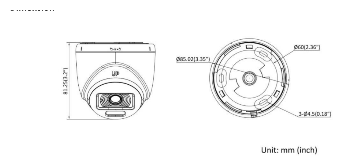 DS-2CE70DF0T-LPFS 外形尺寸圖 Ø 85.02 mm × 81.25 mm (Ø 3.35" × 3.2")｜重量 Approx. 155 g (0.34 lb.)｜Unit: mm