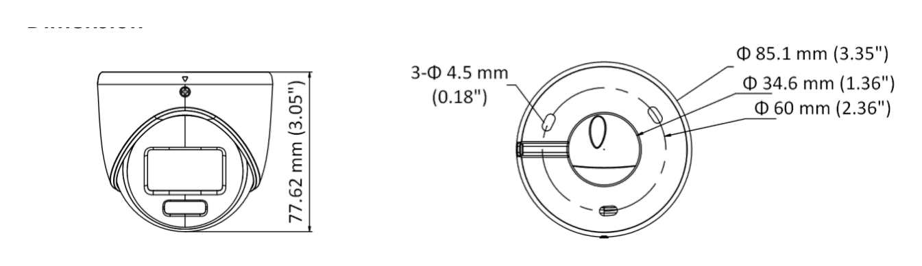 DS-2CE70DF3T-MF 外形尺寸圖 Φ 85.1 mm × 77.62 mm (Φ 3.35" × 3.05")｜重量 Approx. 311.5 g (0.69 lb.)｜Unit: mm