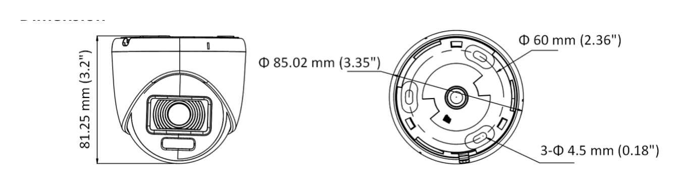 DS-2CE70DF3T-PF 外形尺寸圖 Φ 85.02 mm × 81.25 mm (Φ 3.35" × 3.2")｜重量 Approx. 163 g (0.36 lb.)｜Unit: mm