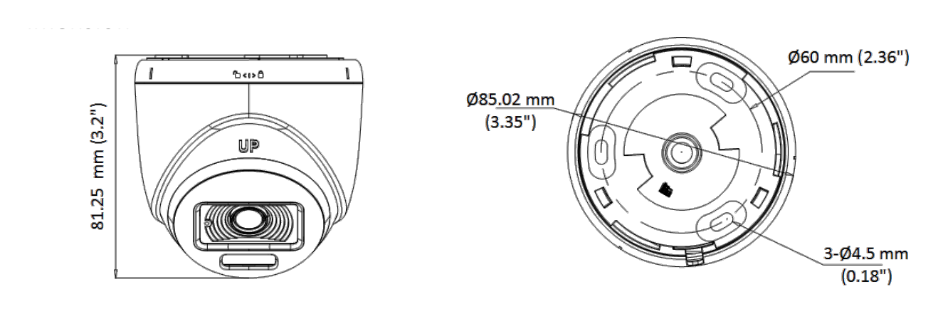 DS-2CE70DF3T-PFS 外形尺寸圖 85.02 mm × 81.25 mm (3.35" × 3.2")｜重量 Approx. 163 g (0.36 lb.)｜Unit: mm