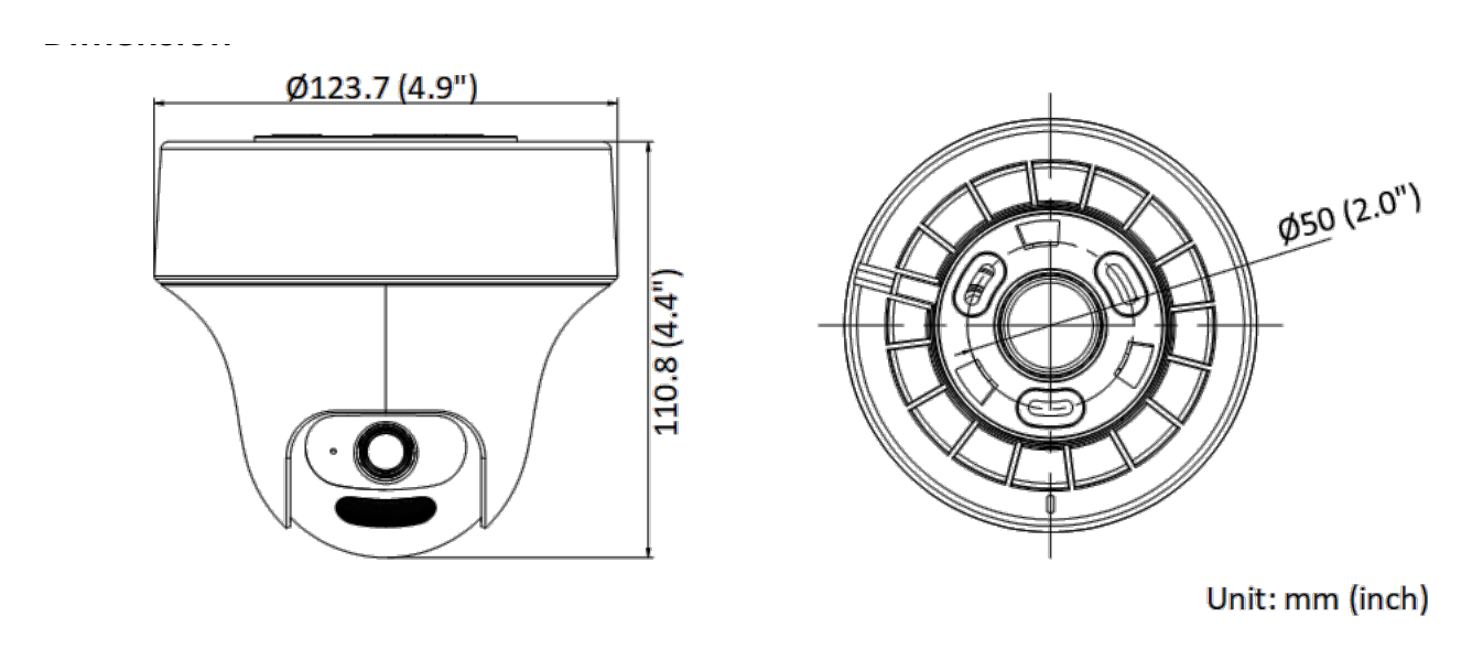 DS-2CE70DF3T-PTS 外形尺寸圖 Ø 123.7 × 110.8 (4.9" × 4.4")｜重量 Approx. 290 g (0.6 lb.)｜Unit: mm