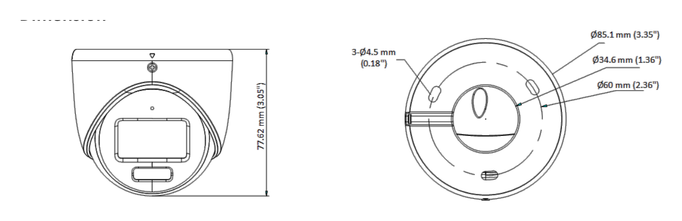 DS-2CE70DF8T-MFSLN 外形尺寸圖 Φ 85.1 mm × 77.62 mm (Φ 3.35" × 3.05")｜重量 Approx. 321 g (0.71 lb.)｜Unit: mm