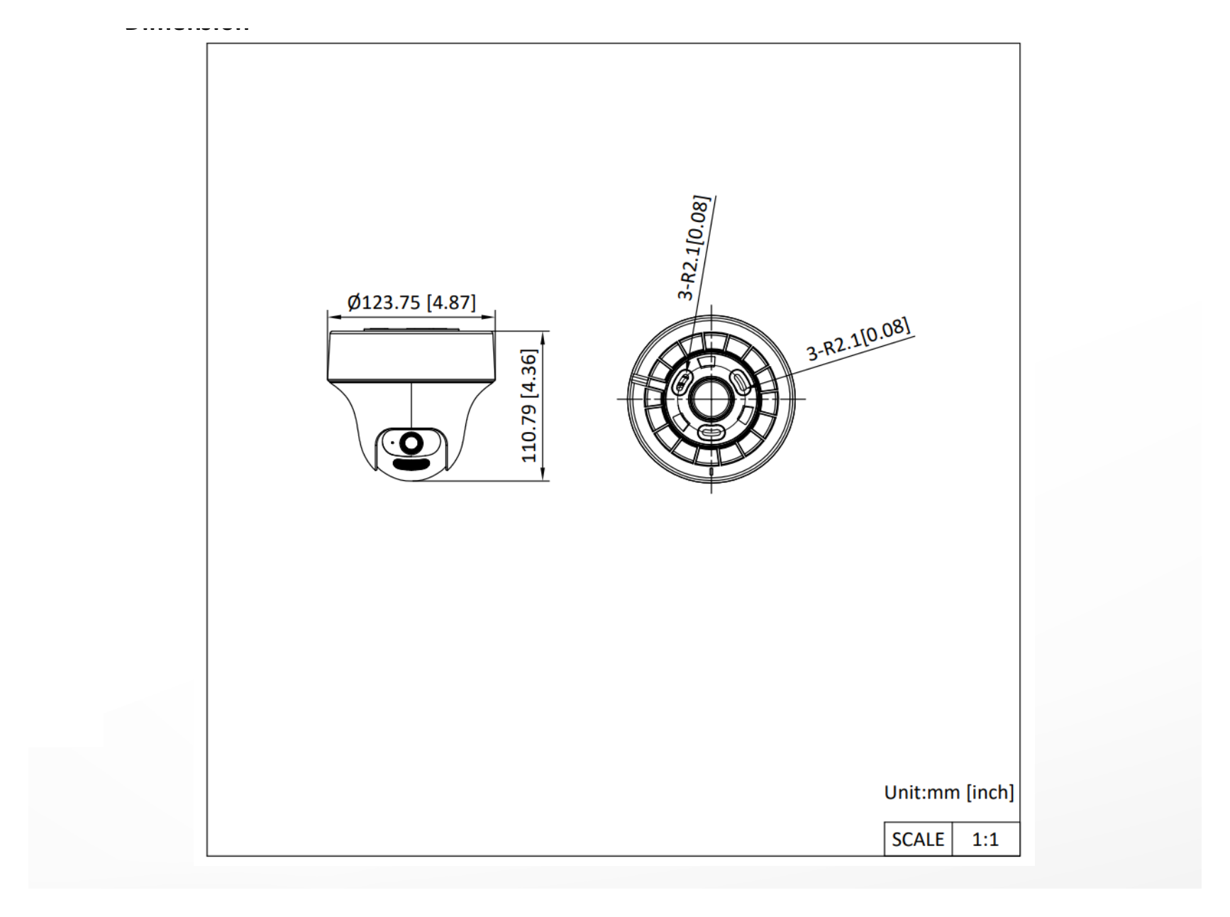 DS-2CE70K0T-PTLXTS 外形尺寸圖 Ø 123.7 mm × 110.8 mm (4.87" × 4.36")｜重量 Approx. 345 g (0.76 lb.)｜Unit: mm