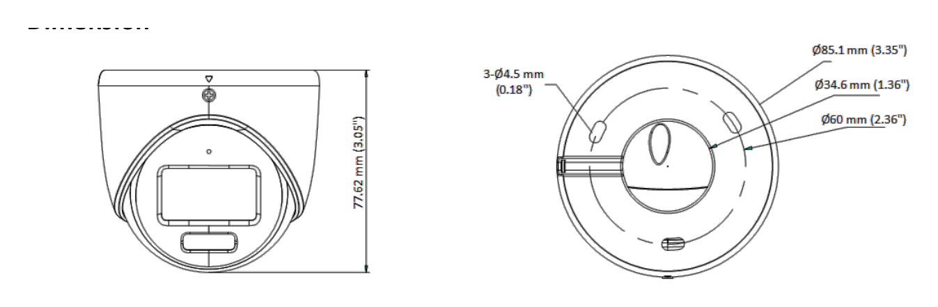 DS-2CE70KF0T-LMFS 外形尺寸圖 Ø 85.1 mm × 77.62 mm (Ø 3.35" × 3.05")｜重量 Approx. 330 g (0.73 lb.)｜Unit: mm