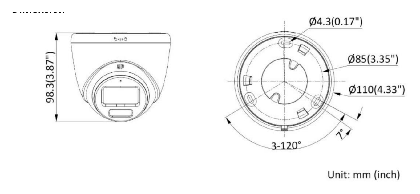 DS-2CE72DF0T-LFS 外形尺寸圖 Ø 110 mm × 98.3 mm (4.33" × 3.87")｜重量 Approx. 320 g (0.71 lb.)｜Unit: mm