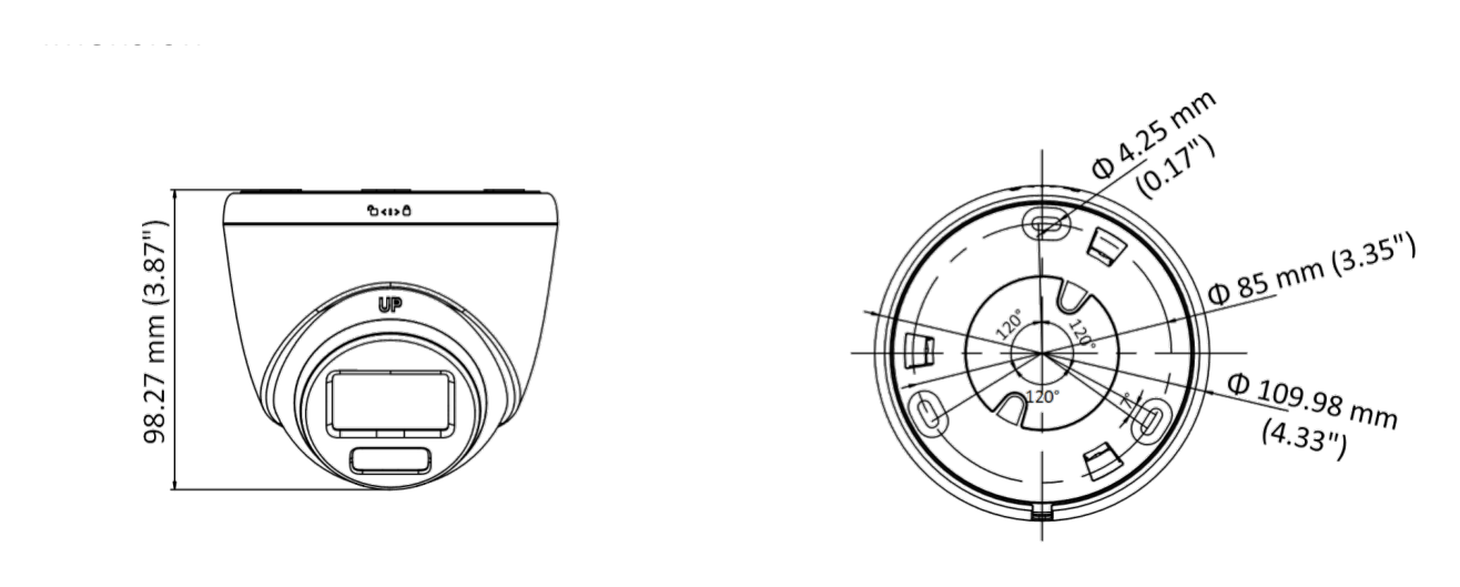 DS-2CE72DF3T-F 外形尺寸圖 Φ 109.98 mm × 98.27 mm (Φ 4.33" × 3.87")｜重量 Approx. 348.5 g (0.77 lb.)｜Unit: mm